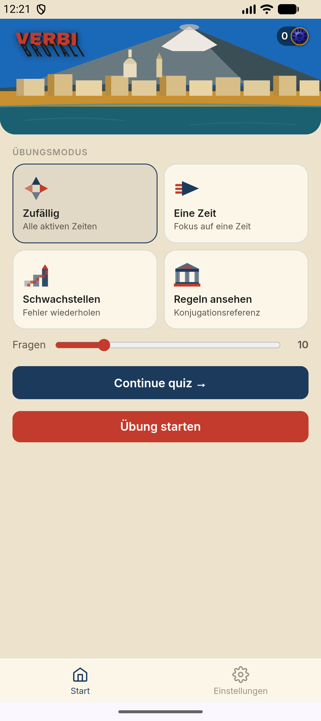 Startbildschirm — Übungsmodus wählen: Zufällig, Eine Zeit, Schwachstellen oder Regeln ansehen
