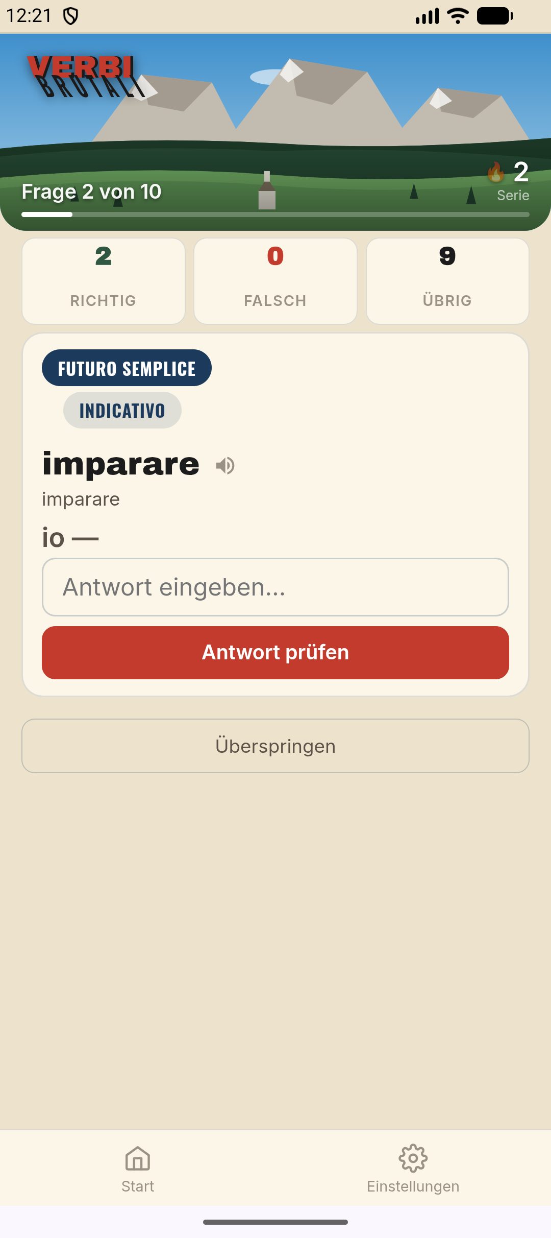 Übungsfrage — das Verb „imparare“ für „io“ konjugieren