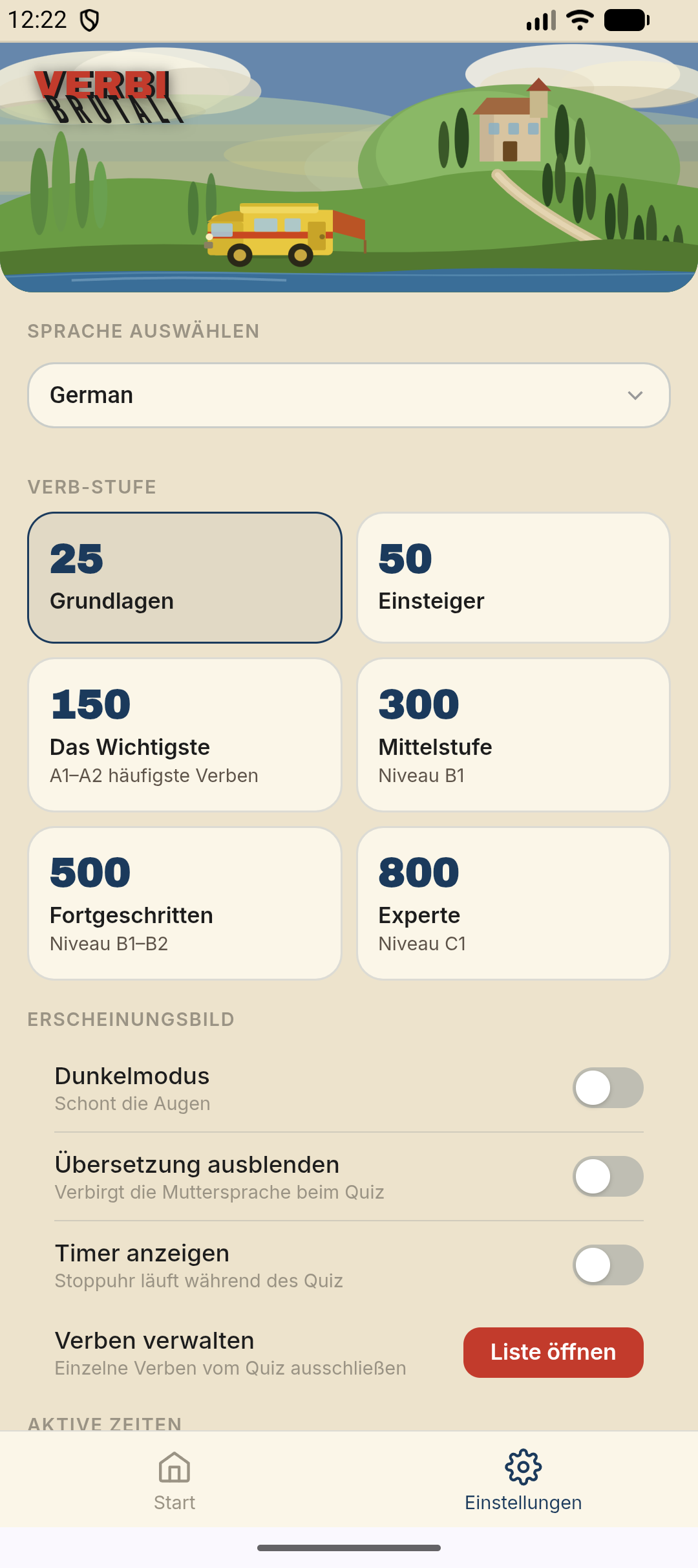 Einstellungen — eine Verb-Stufe von 25 bis 800 Verben wählen