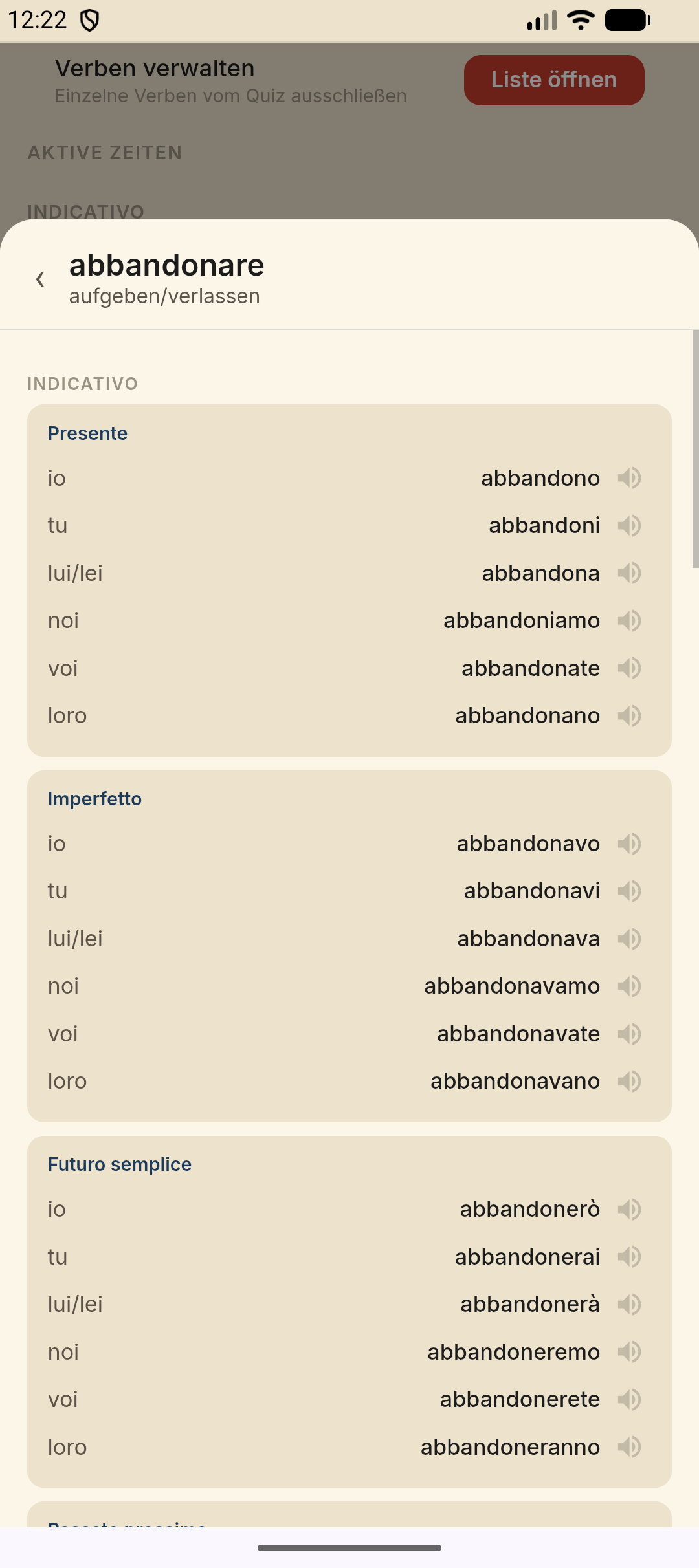 Konjugationsreferenz — vollständige Tabelle für das Verb „abbandonare“