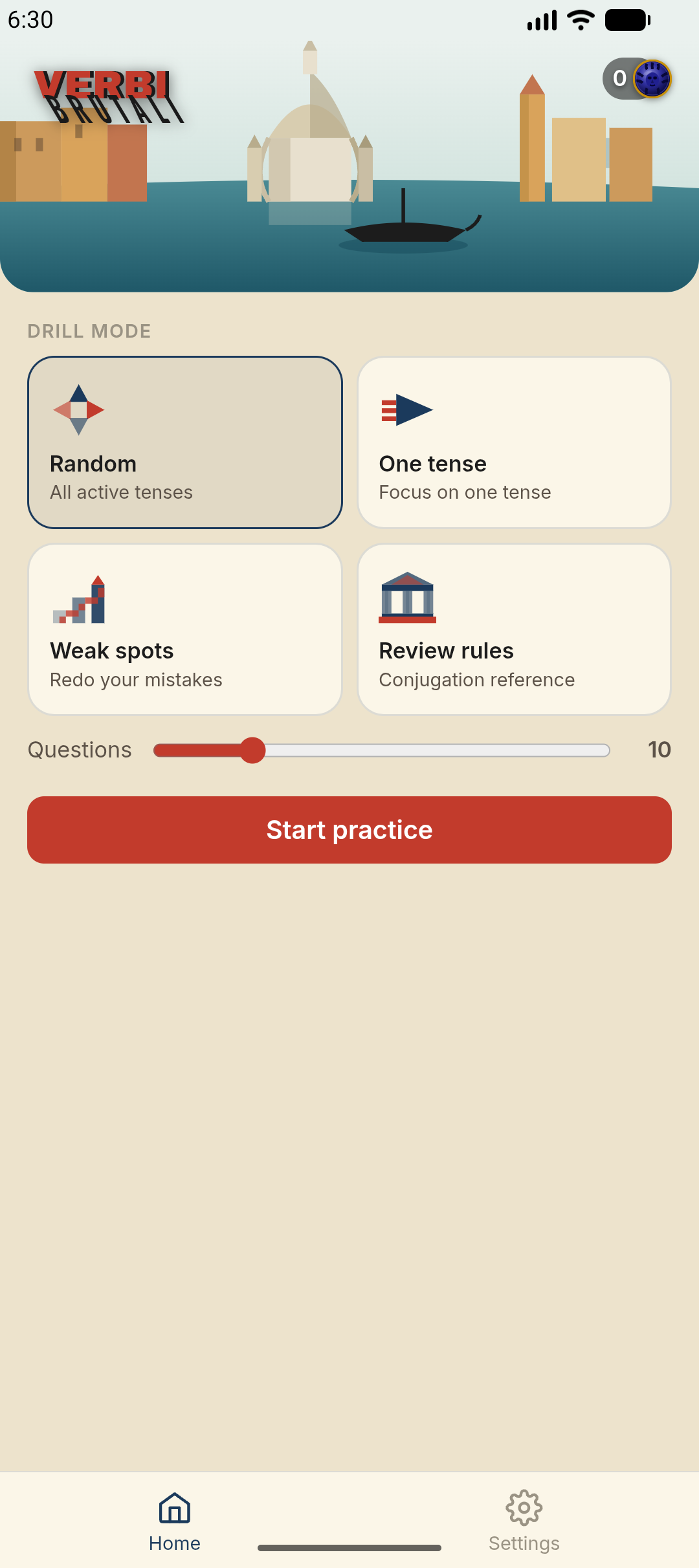 Home screen — pick a drill mode: Random, One tense, Weak spots, or Review rules