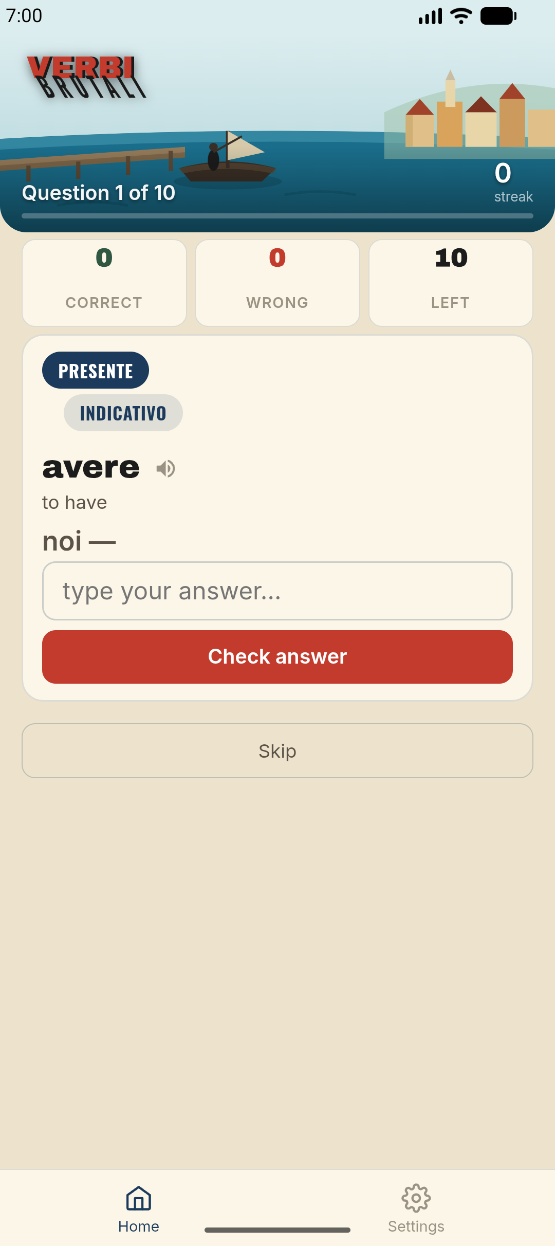 Practice question — conjugate the verb “avere” for “noi”