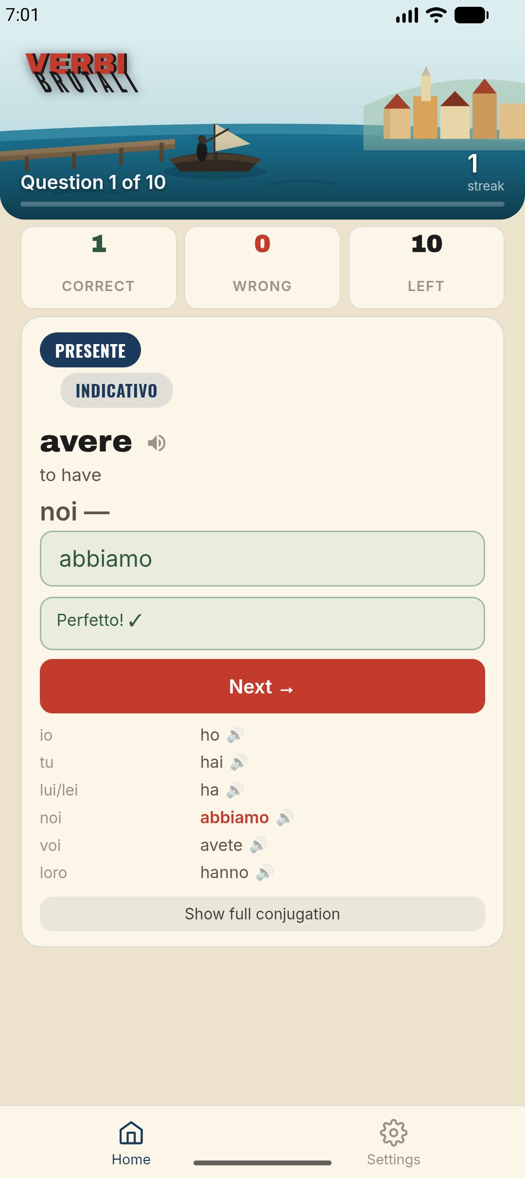 Correct answer with the full conjugation table for “avere”