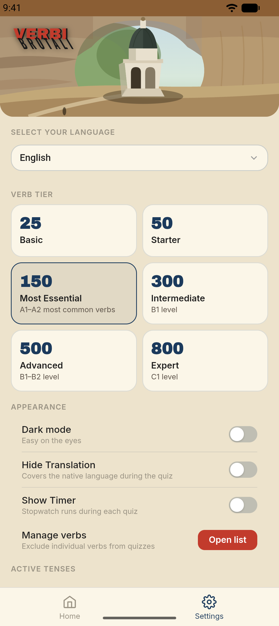 Settings — choose a verb tier from 25 up to 800 verbs