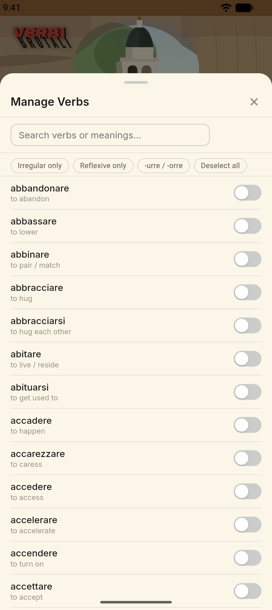 Manage Verbs — search and toggle individual verbs