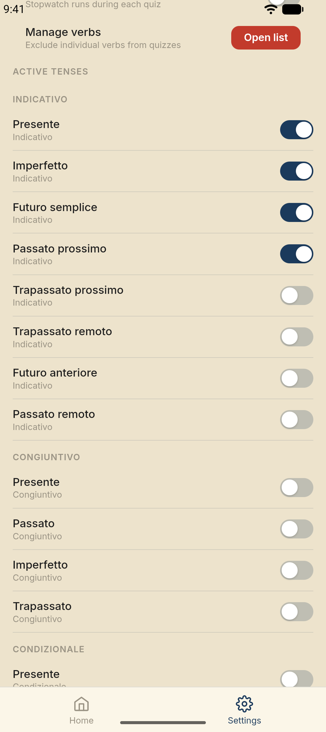 Active tenses — enable Indicativo, Congiuntivo, and Condizionale tenses