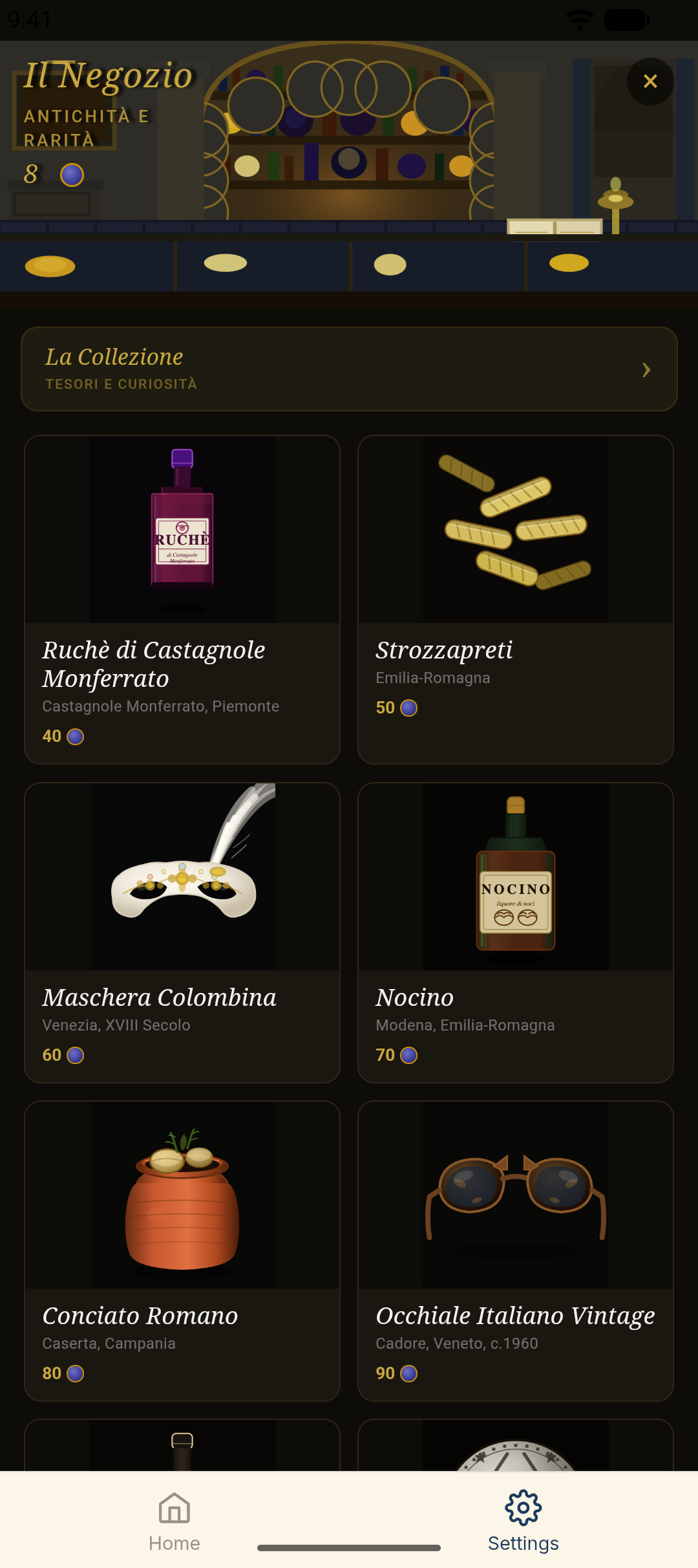 La Collezione — collectible Italian treasures earned by practicing