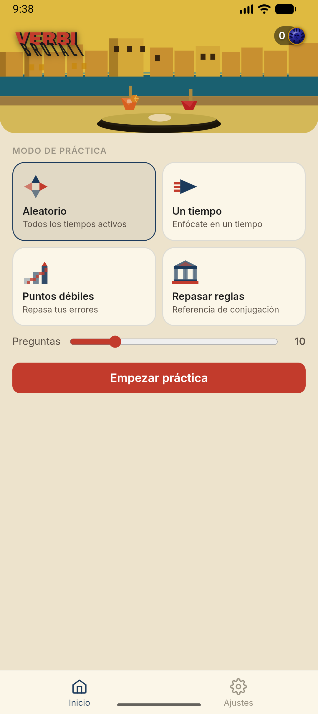 Pantalla de inicio — elige un modo de práctica: Aleatorio, Un tiempo, Puntos débiles o Repasar reglas