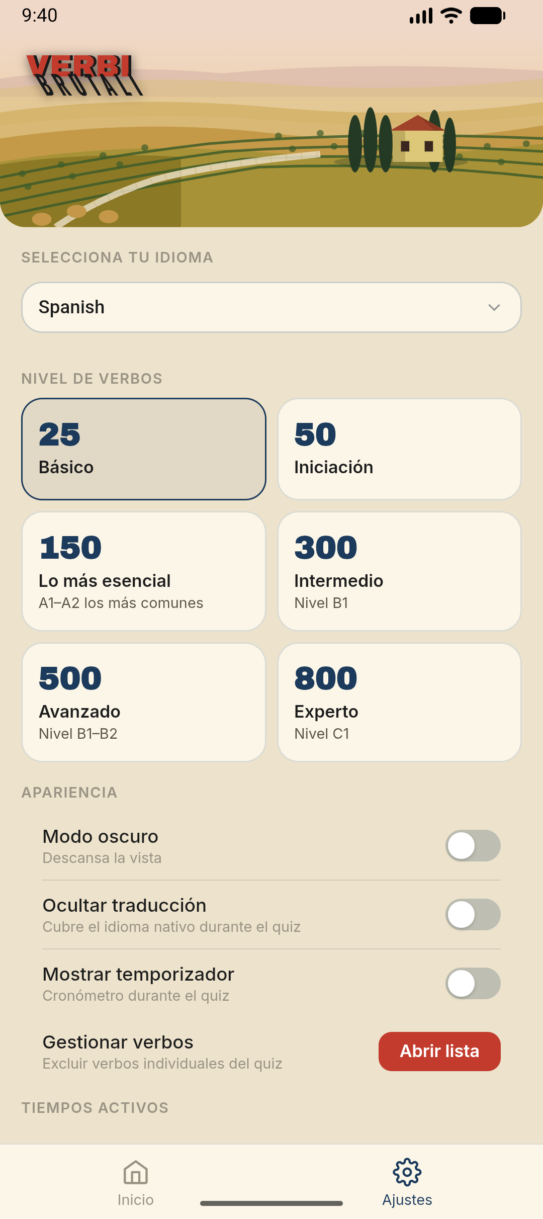 Ajustes — elige un nivel de verbos de 25 hasta 800