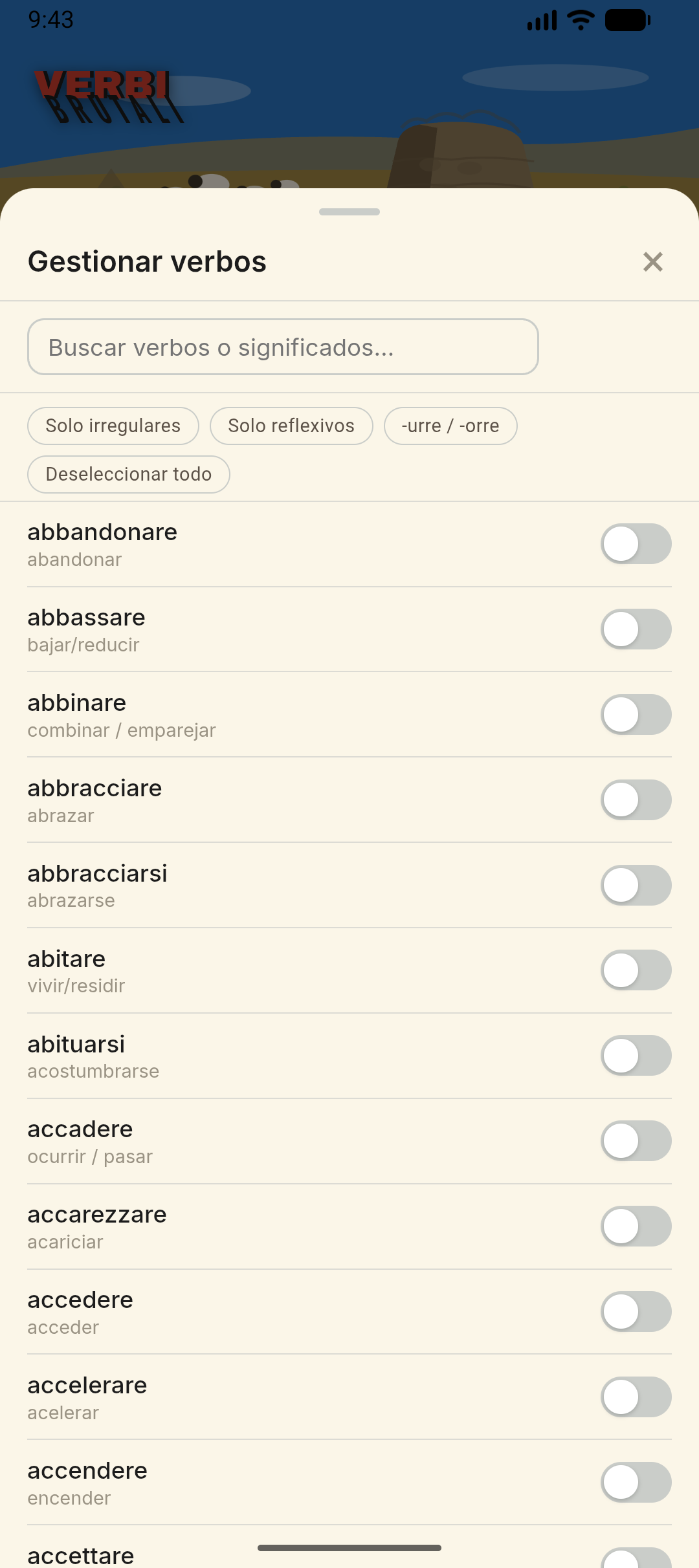 Gestionar verbos — busca y activa o desactiva verbos individuales