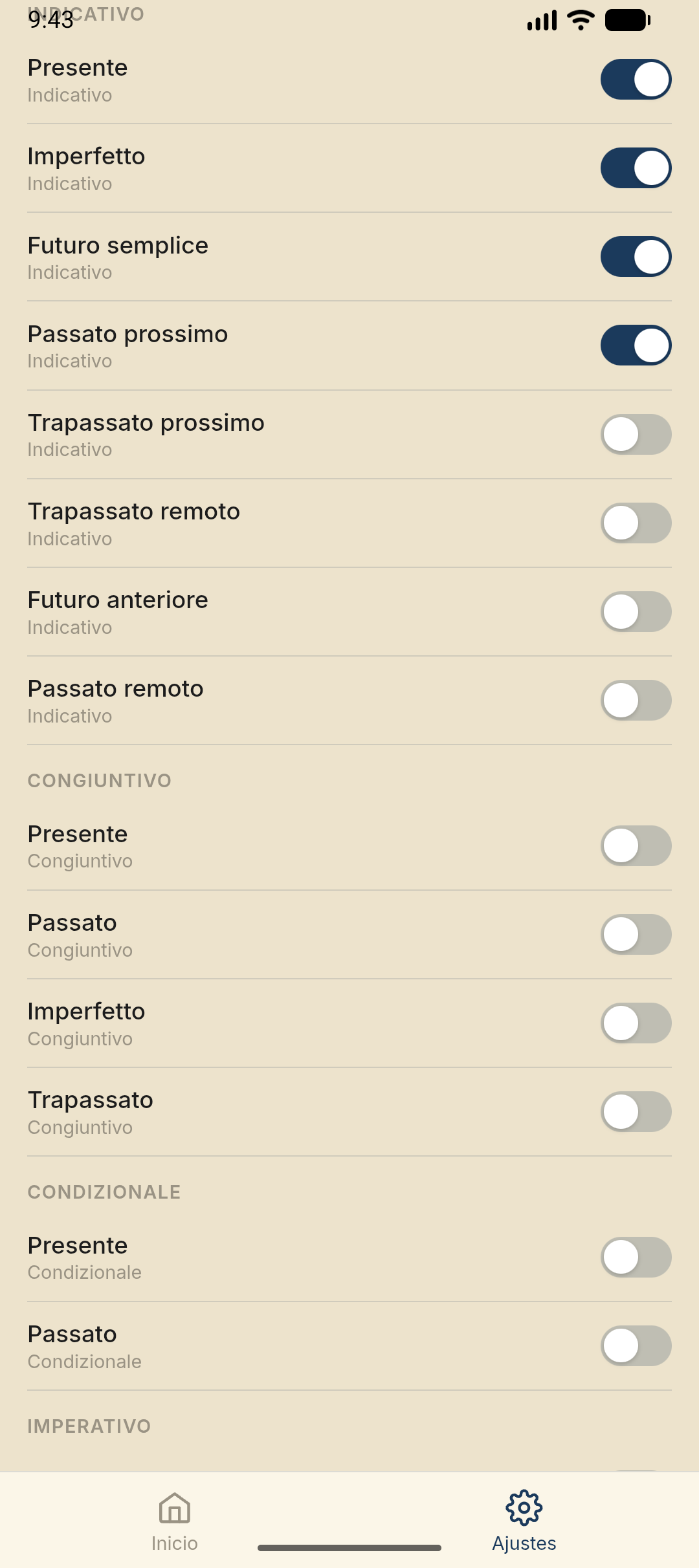 Tiempos activos — activa los tiempos Indicativo, Congiuntivo y Condizionale