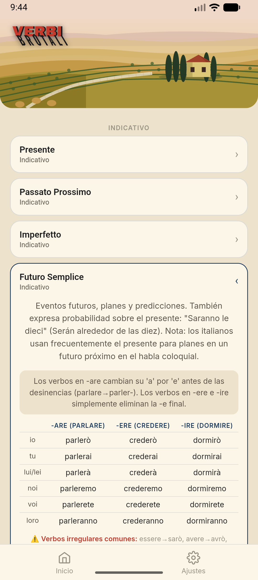 Reglas de conjugación — explicación del Futuro Semplice con terminaciones -are, -ere e -ire