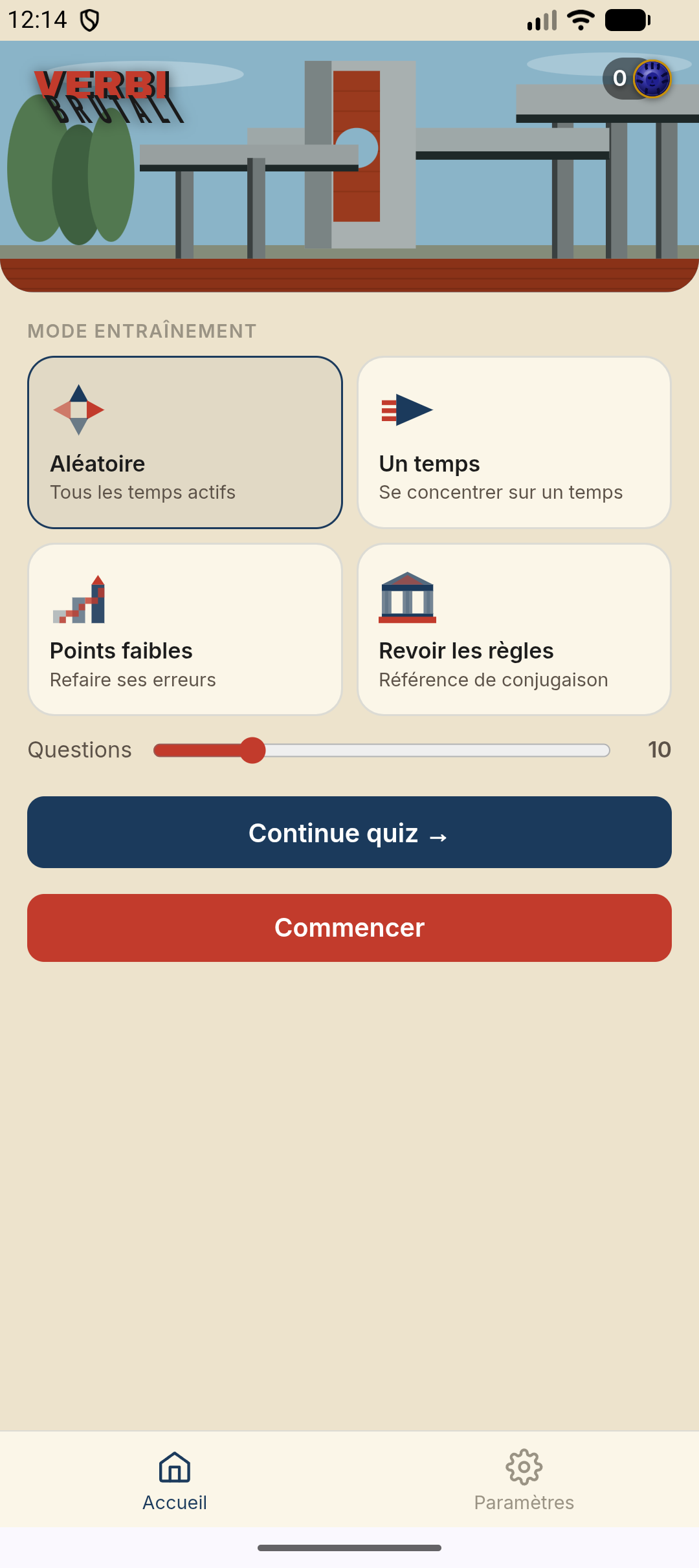Écran d’accueil — choisissez un mode : Aléatoire, Un temps, Points faibles ou Revoir les règles