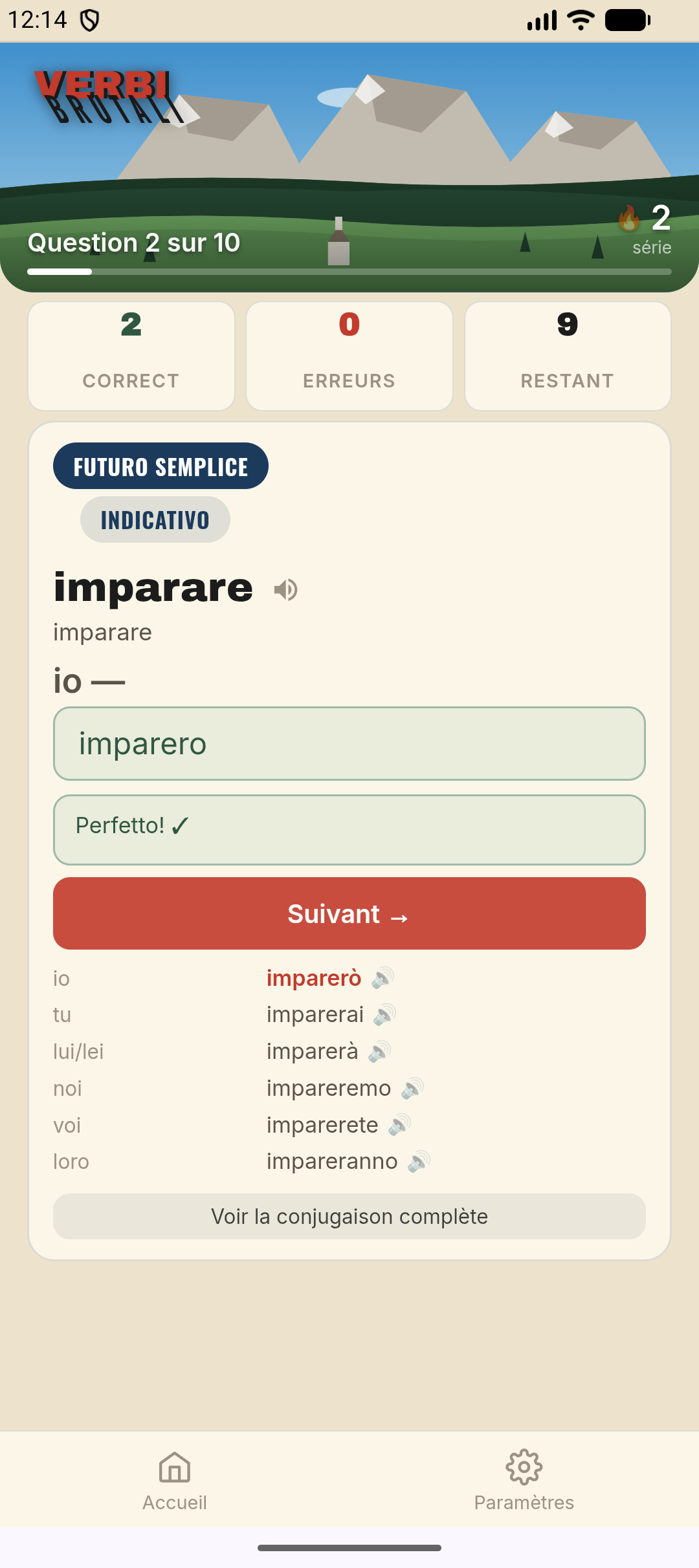 Bonne réponse avec le tableau de conjugaison complet de “imparare”