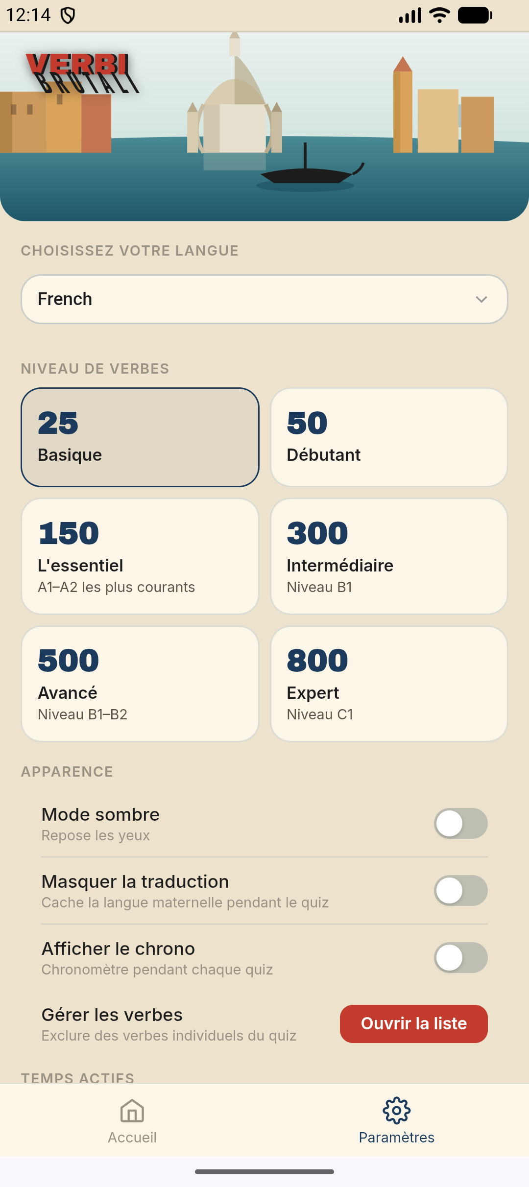 Réglages — choisir un niveau de 25 à 800 verbes