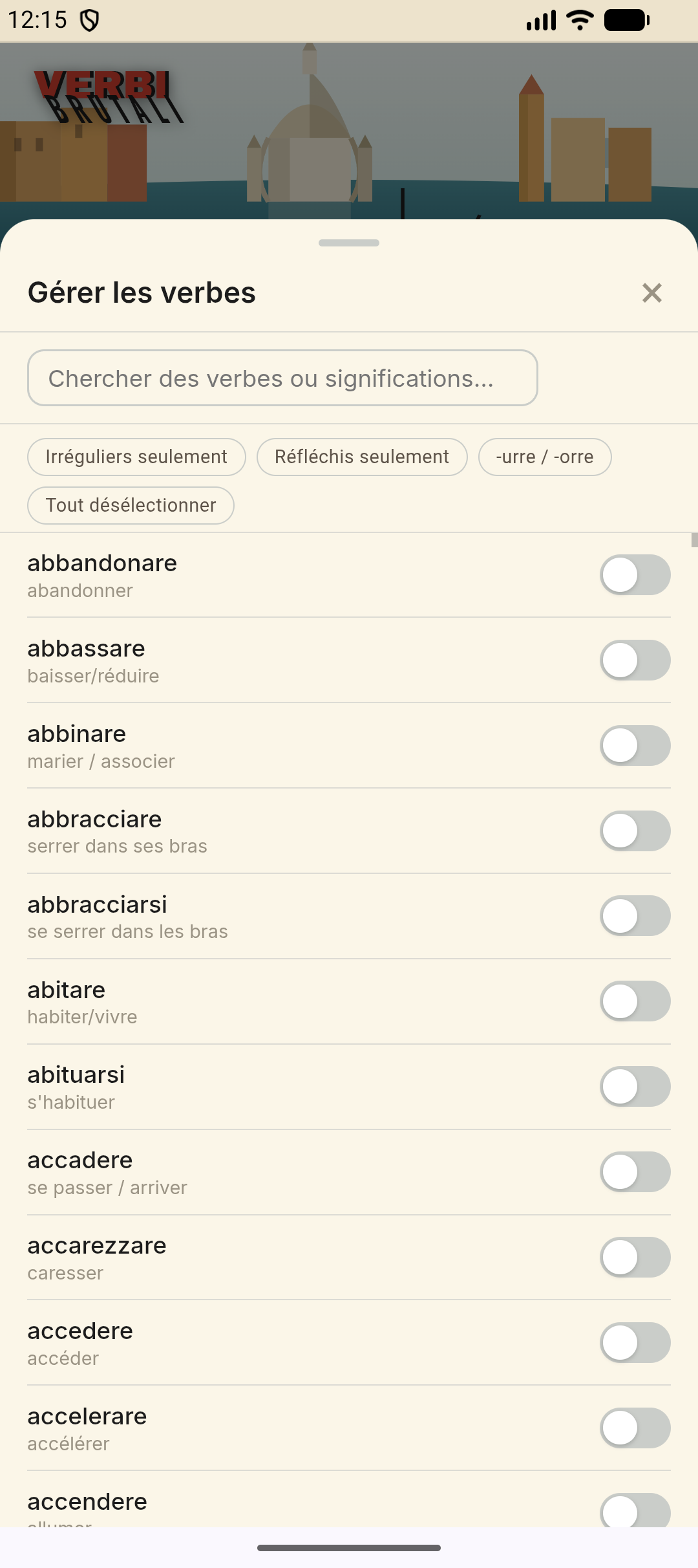 Gérer les verbes — rechercher et activer ou désactiver des verbes individuels