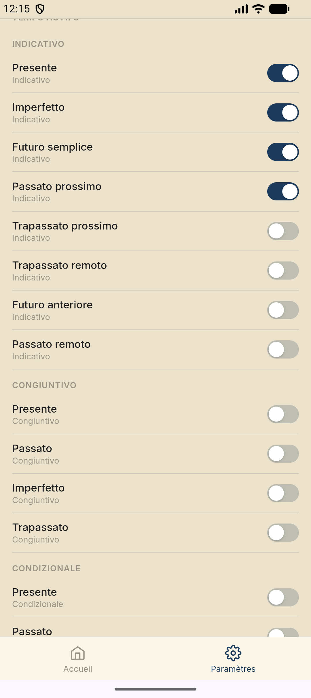 Temps actifs — activer les temps Indicativo, Congiuntivo et Condizionale
