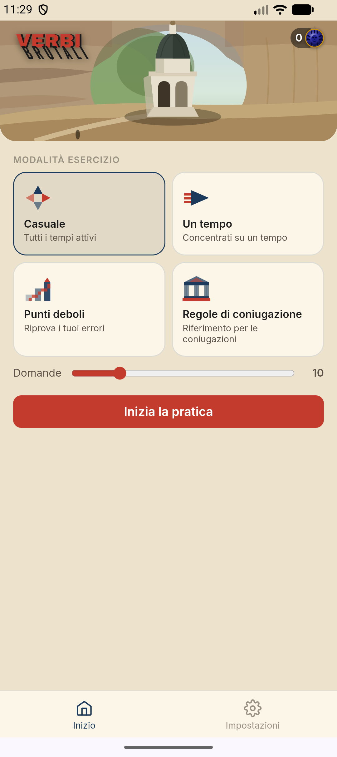 Schermata iniziale — scegli una modalità: Casuale, Un tempo, Punti deboli o Regole di coniugazione