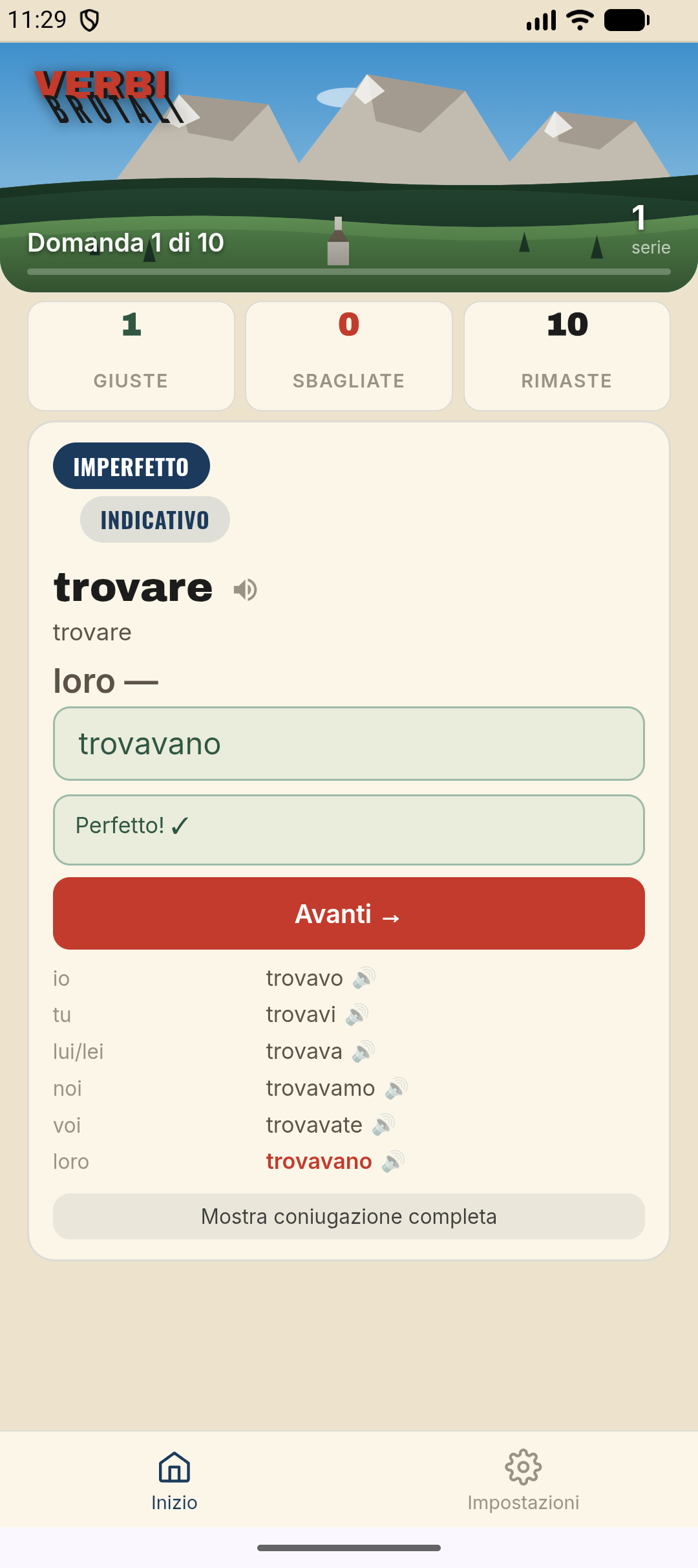 Risposta corretta con la tabella di coniugazione completa di “trovare”