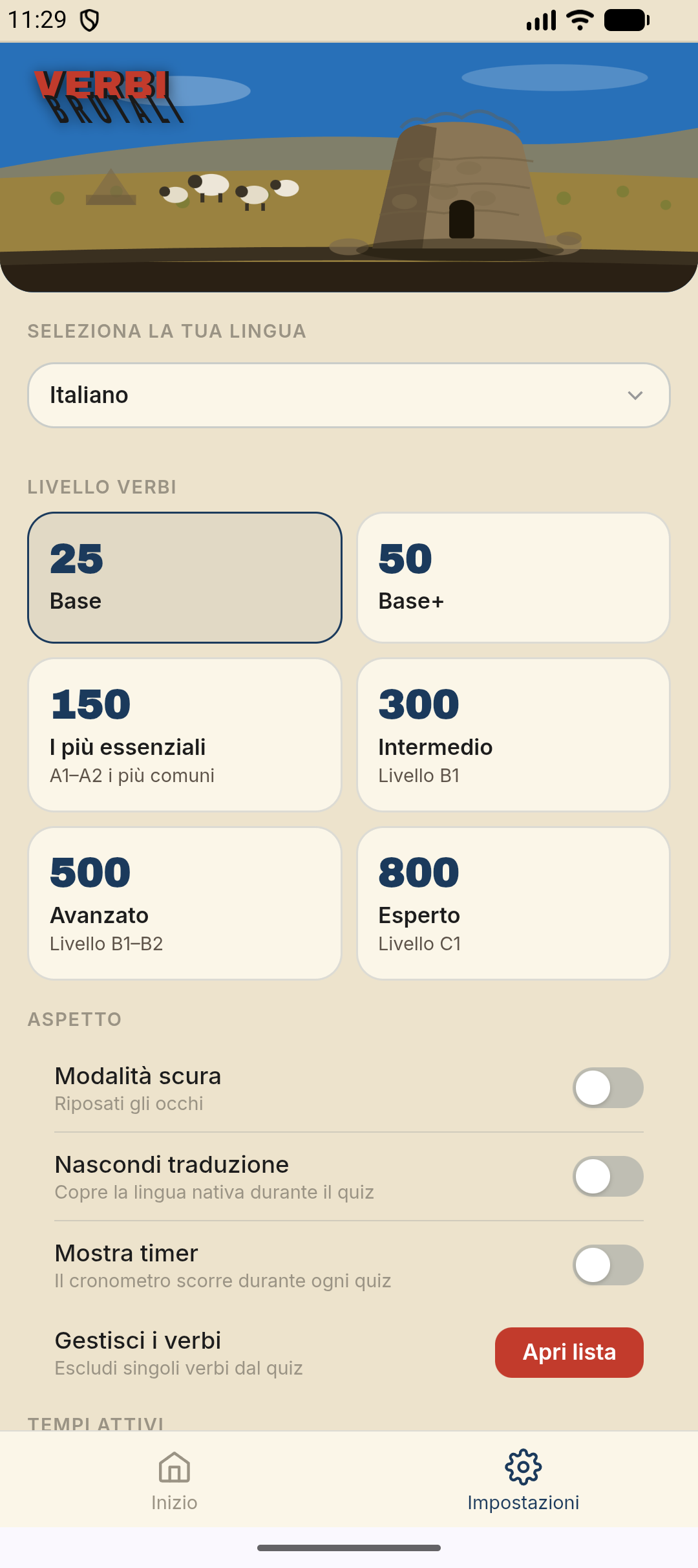Impostazioni — scegli un livello da 25 fino a 800 verbi