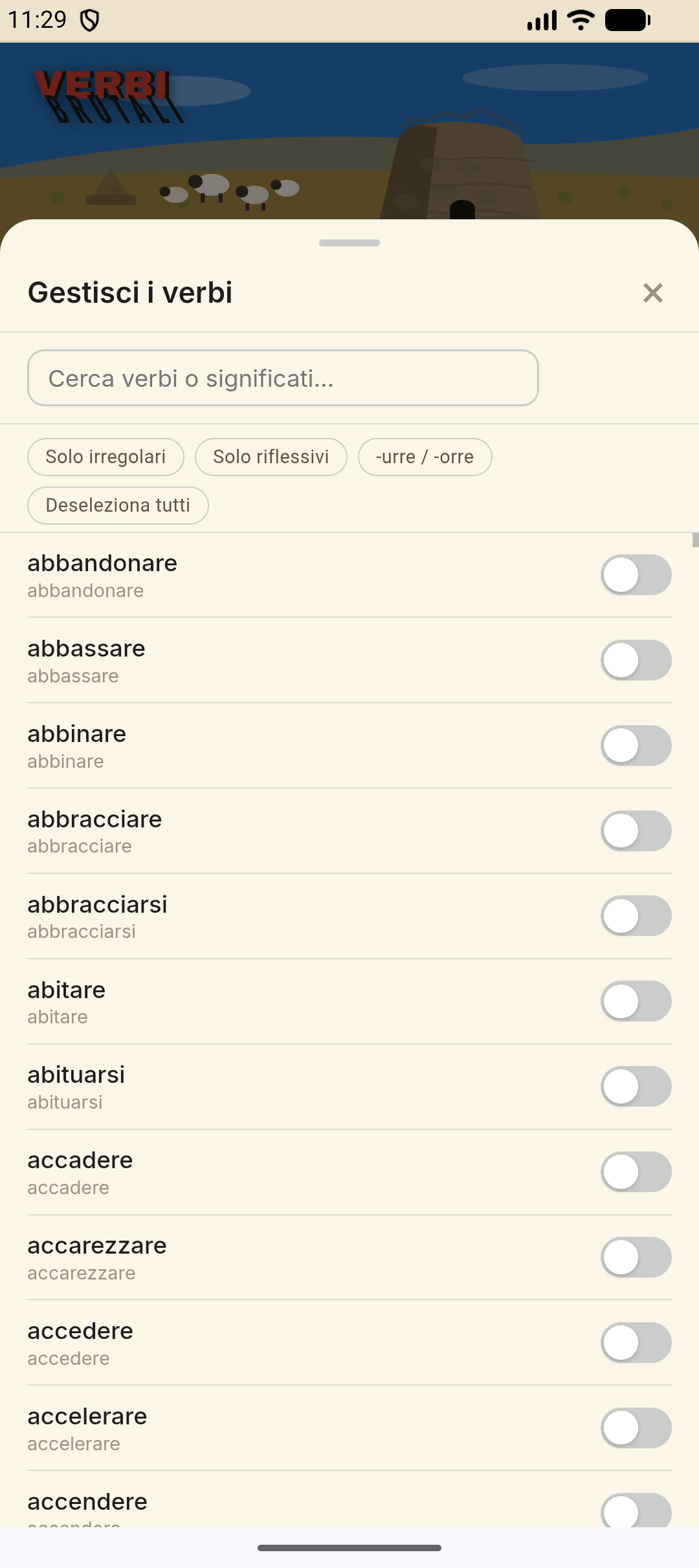 Gestisci i verbi — cerca e attiva o disattiva singoli verbi