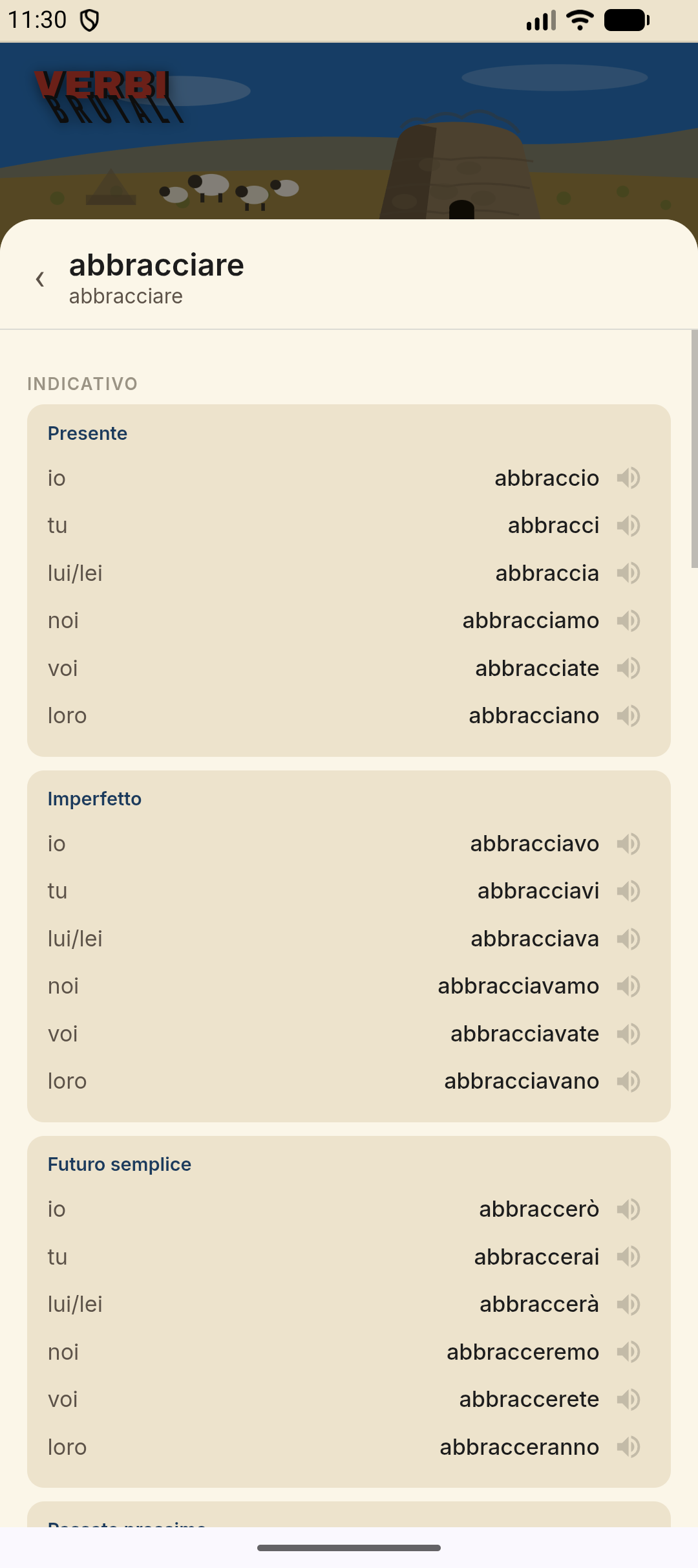 Riferimento di coniugazione — tabella completa del verbo “abbracciare”