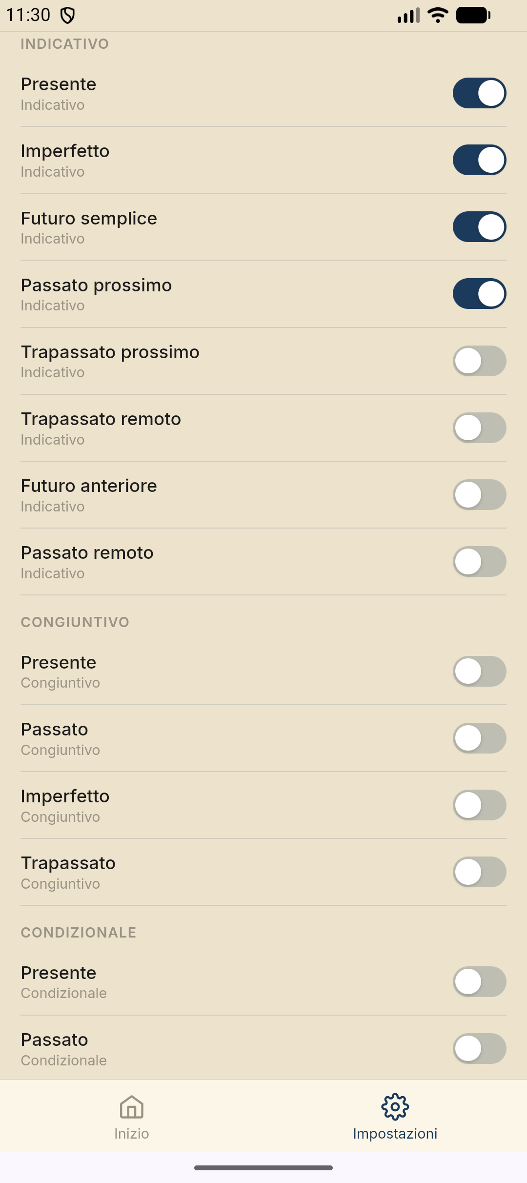 Tempi attivi — attiva i tempi Indicativo, Congiuntivo e Condizionale