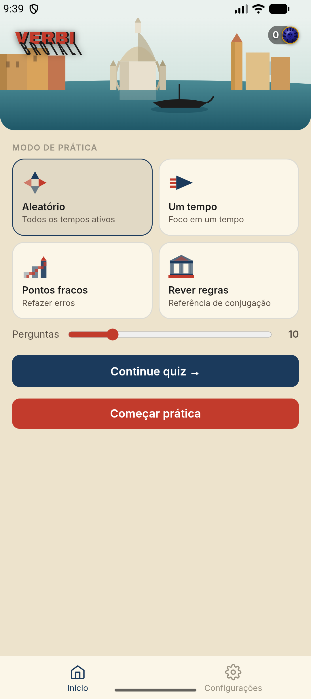 Ecrã inicial — escolha um modo de prática: Aleatório, Um tempo, Pontos fracos ou Rever regras