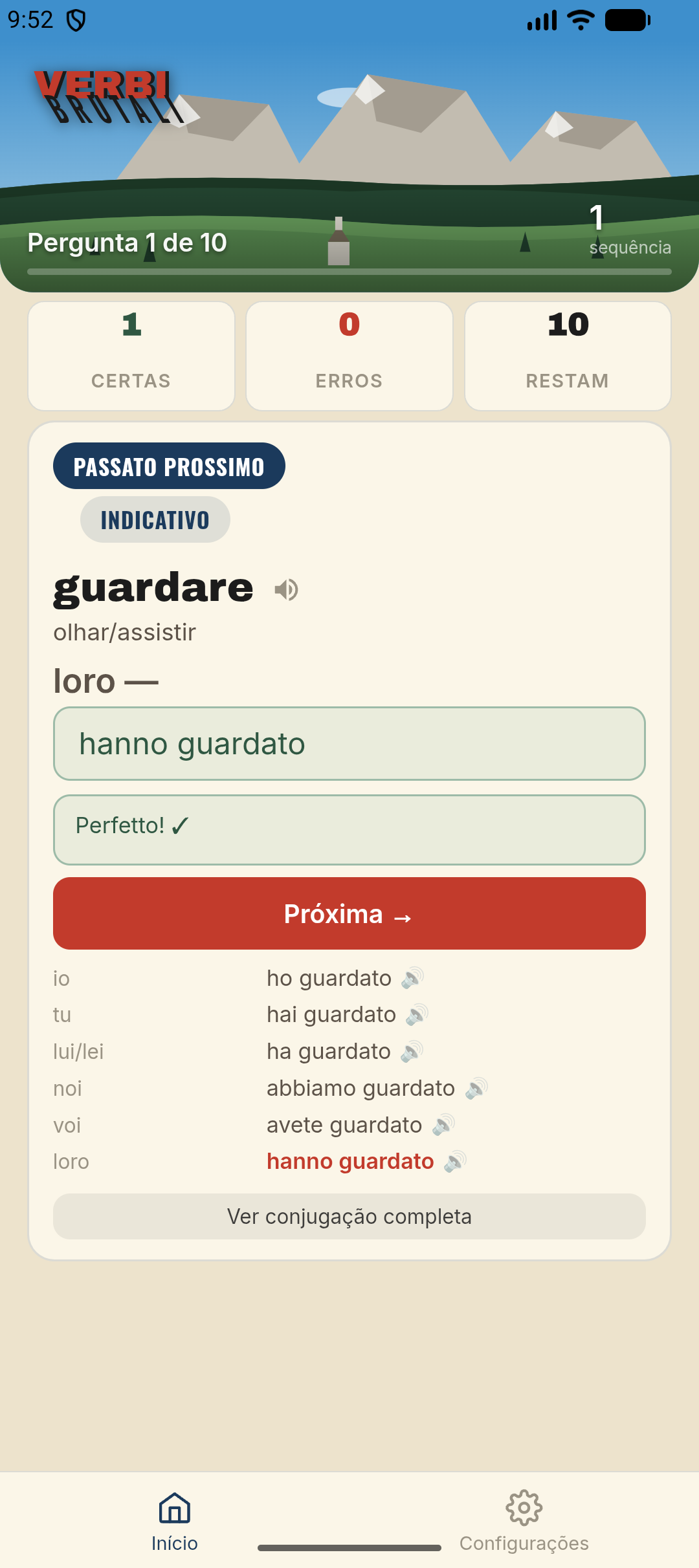 Resposta correta com a tabela de conjugação completa de “guardare”