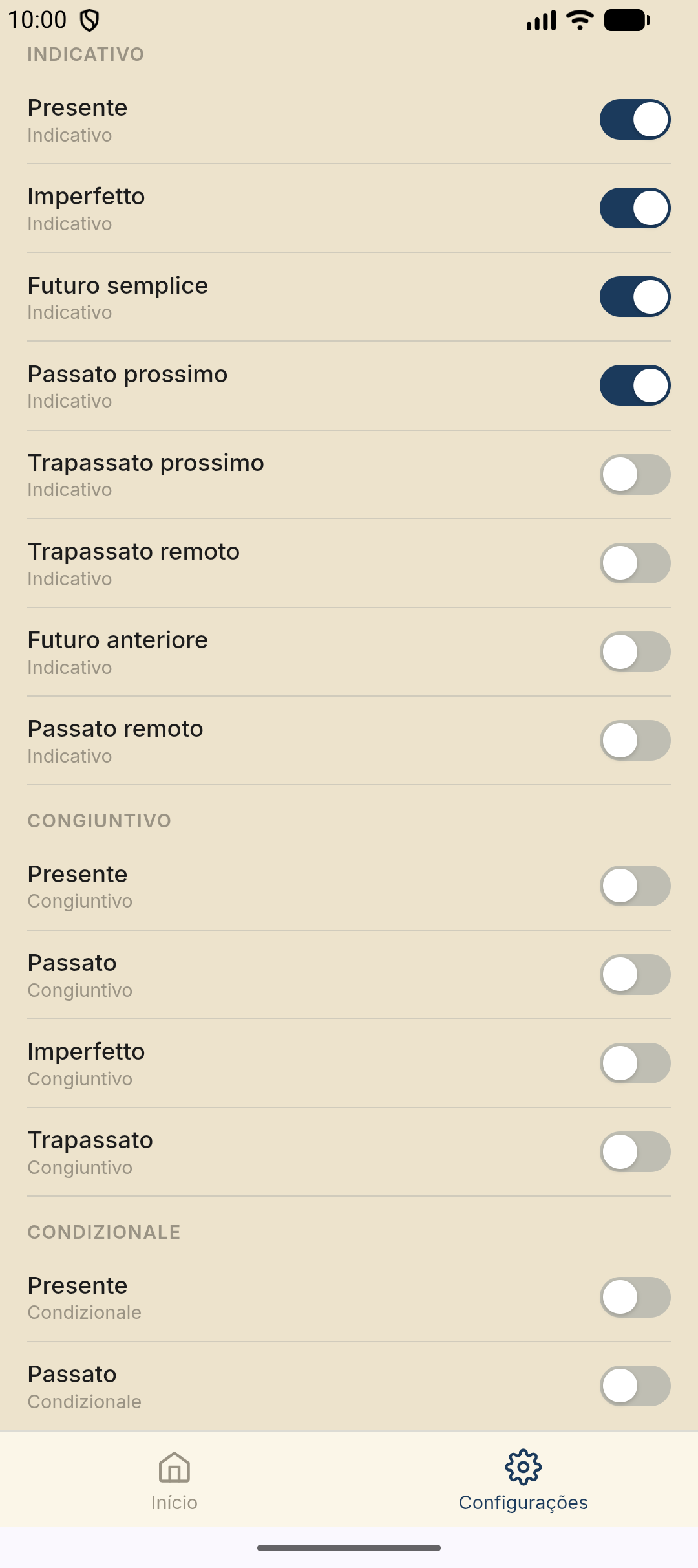 Tempos ativos — ative os tempos Indicativo, Congiuntivo e Condizionale