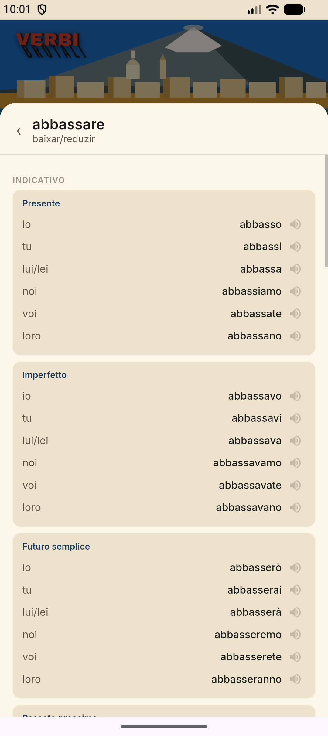 Referência de conjugação — tabela completa do verbo “abbassare”